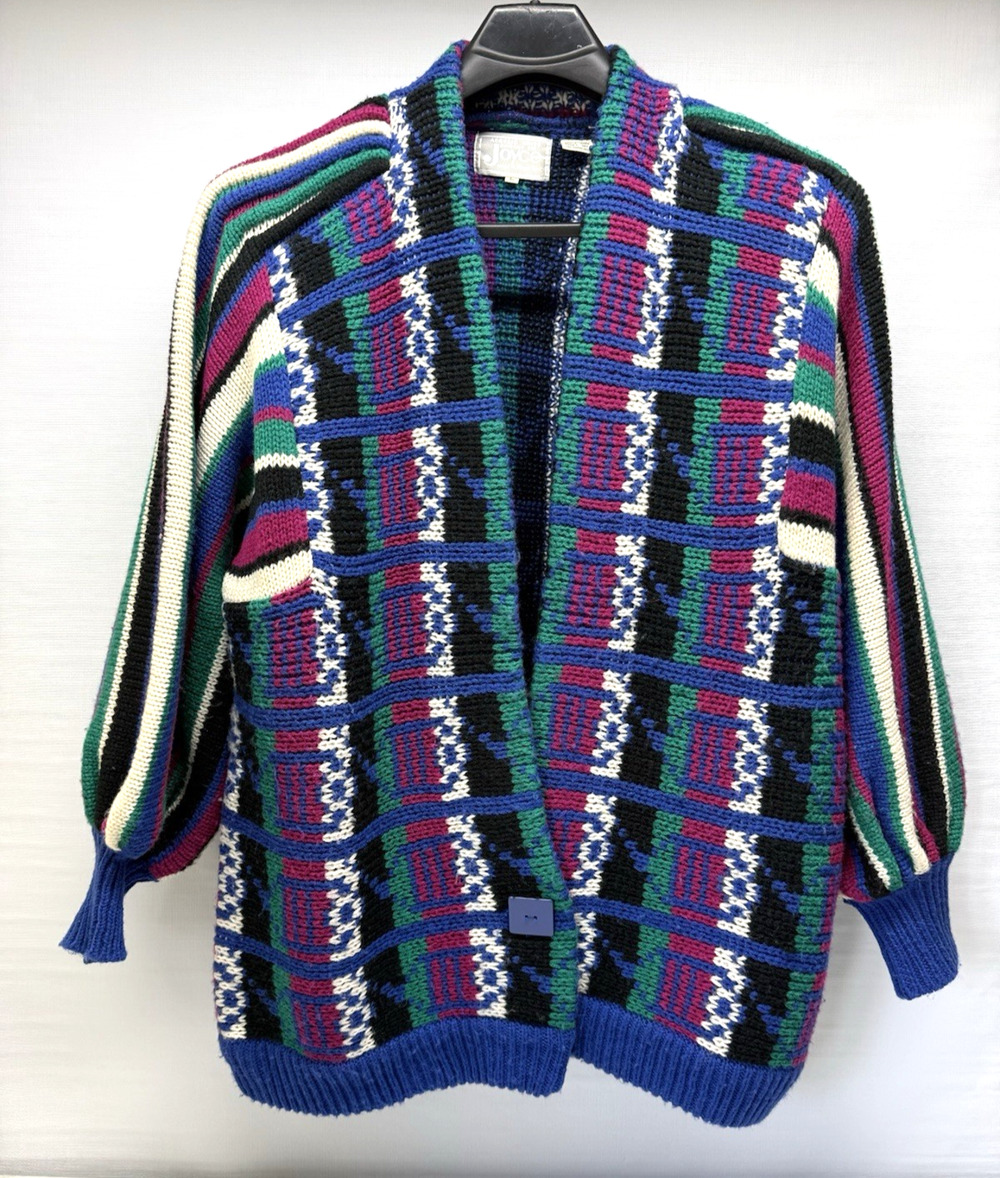 Vintage Acrylic Oversized Chunky Knit Cardigan by Joyce Size Large Colorful